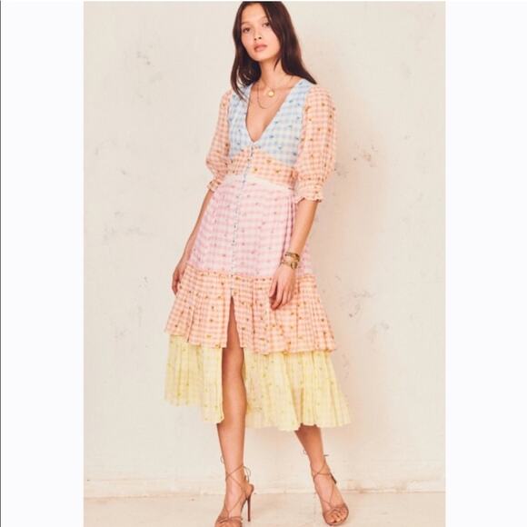 Love Shack Fancy Romantic Cottage Core Plaid Midi Puff Sleeve Ruffle Dress 8 - Picture 4 of 13